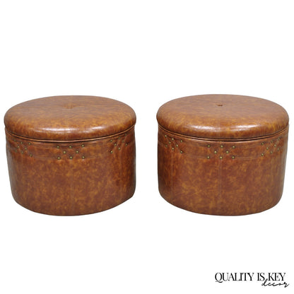 Contemporary Modern Moroccan Style Brown Faux Leather Round Storage Ottoman Pair