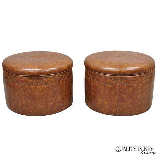 Contemporary Modern Moroccan Style Brown Faux Leather Round Storage Ottoman Pair
