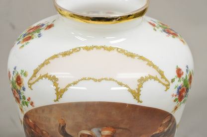 Vintage French Style Large White Blown Glass Transfer Scene Jar Vases - a Pair