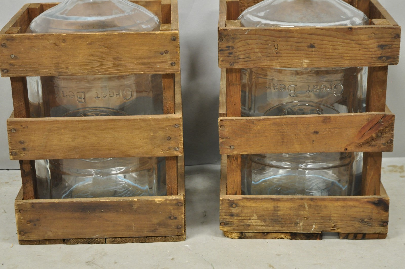 Vintage Great Bear Clear 5 Gallon Glass Carboy Jug in Wooden Crate - Pair