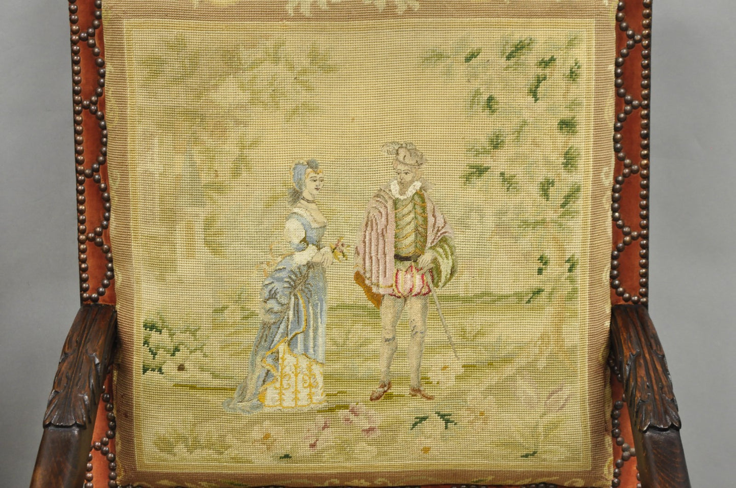 Antique French Louis XIV Style Needlepoint Tapestry Carved Walnut Arm Chair Pair