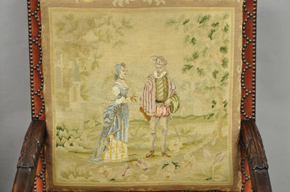 Antique French Louis XIV Style Needlepoint Tapestry Carved Walnut Arm Chair Pair