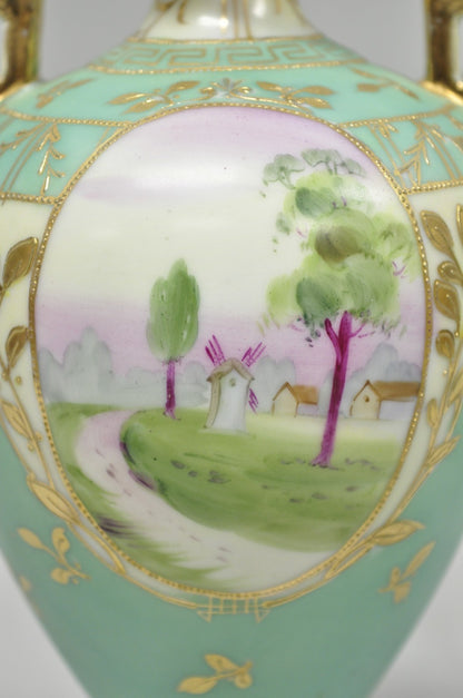 Antique Nippon Porcelain Hand Painted Windmill Scene Green Small Bolted Vase (B)
