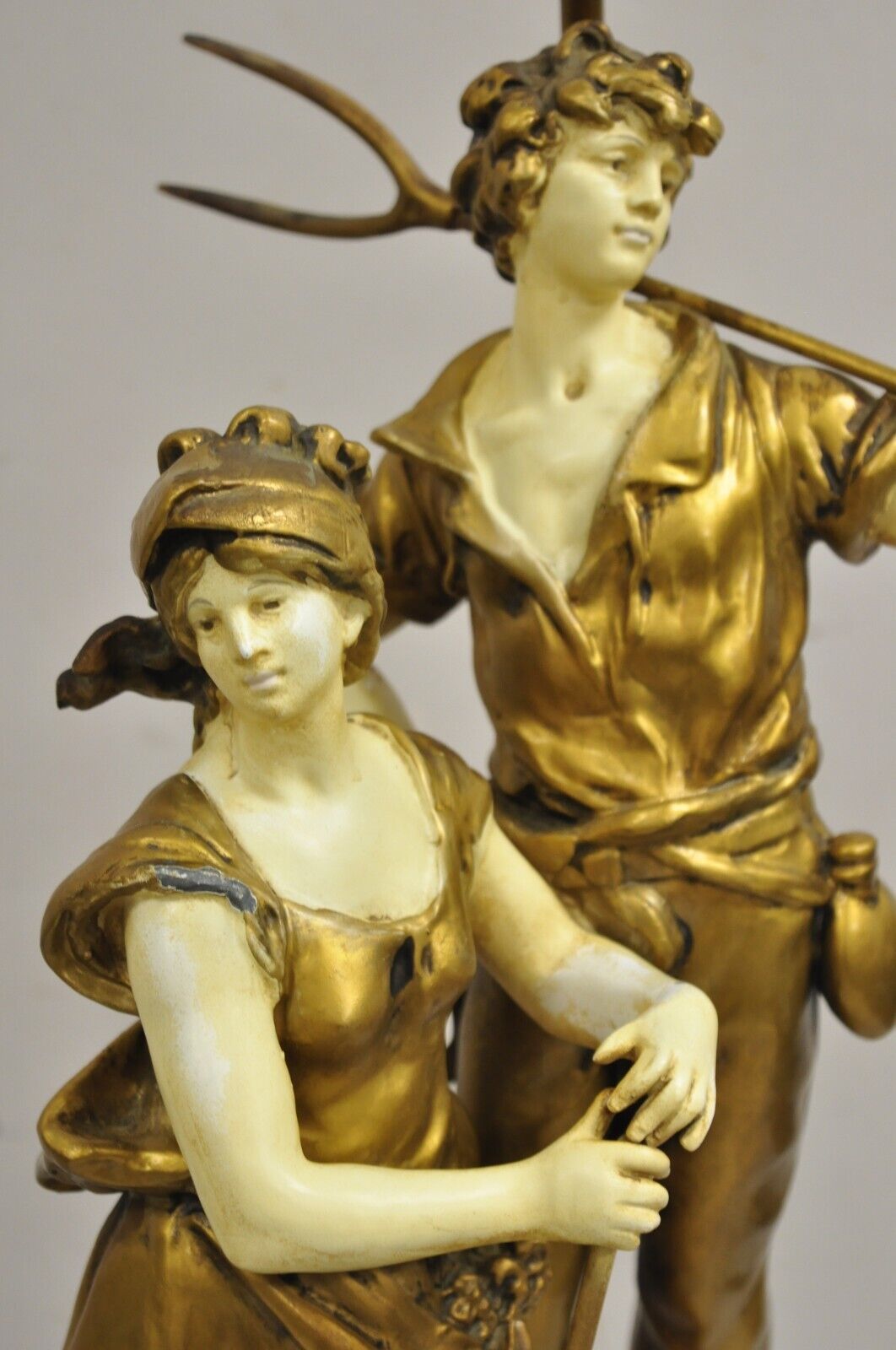 Antique French Renaissance Moreau Figural Metal Table Lamp, Wife & Farmer