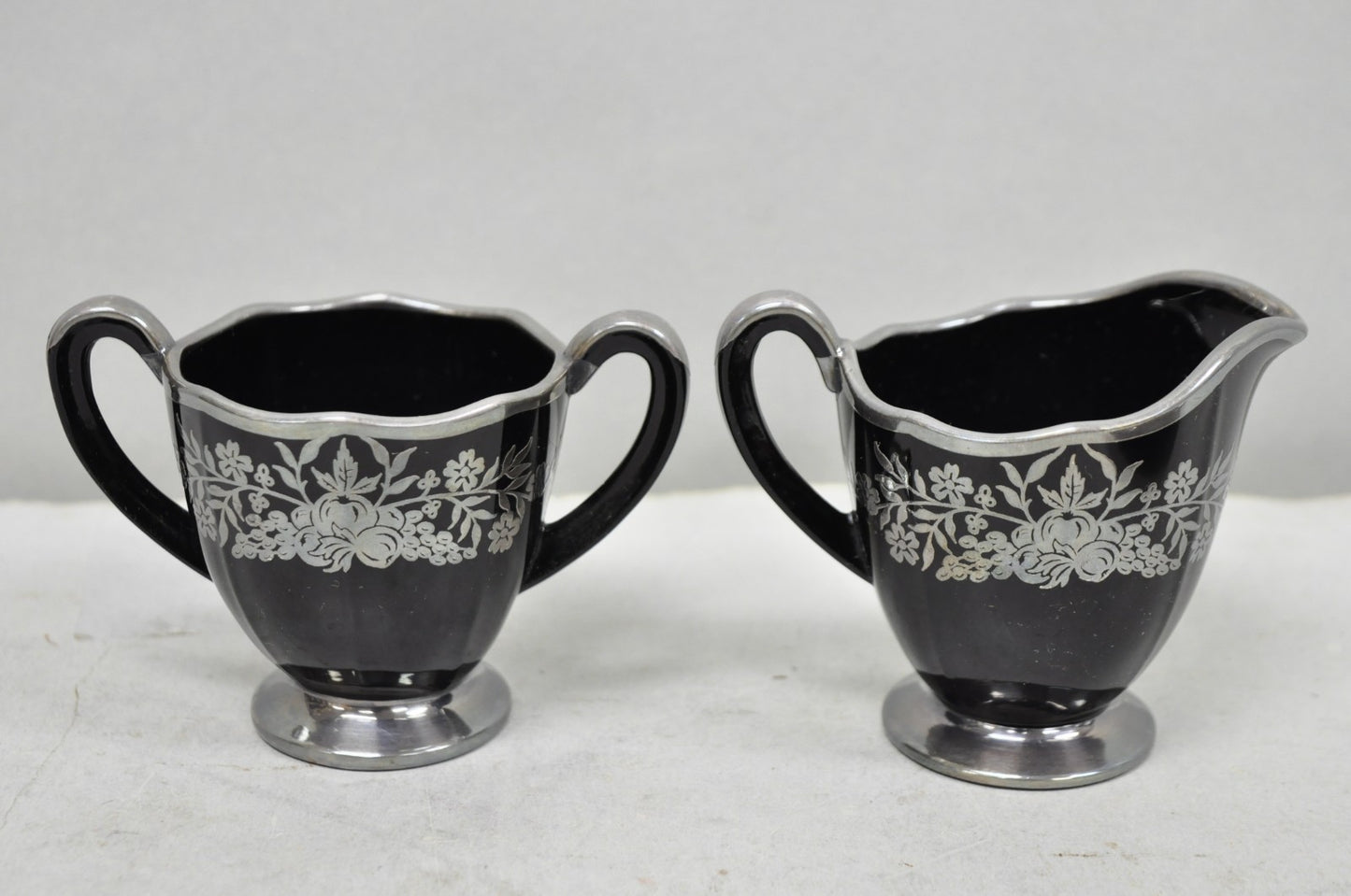 Vintage Rockwell Black Amethyst Glass Creamer Sugar Set Sterling Silver Overlay