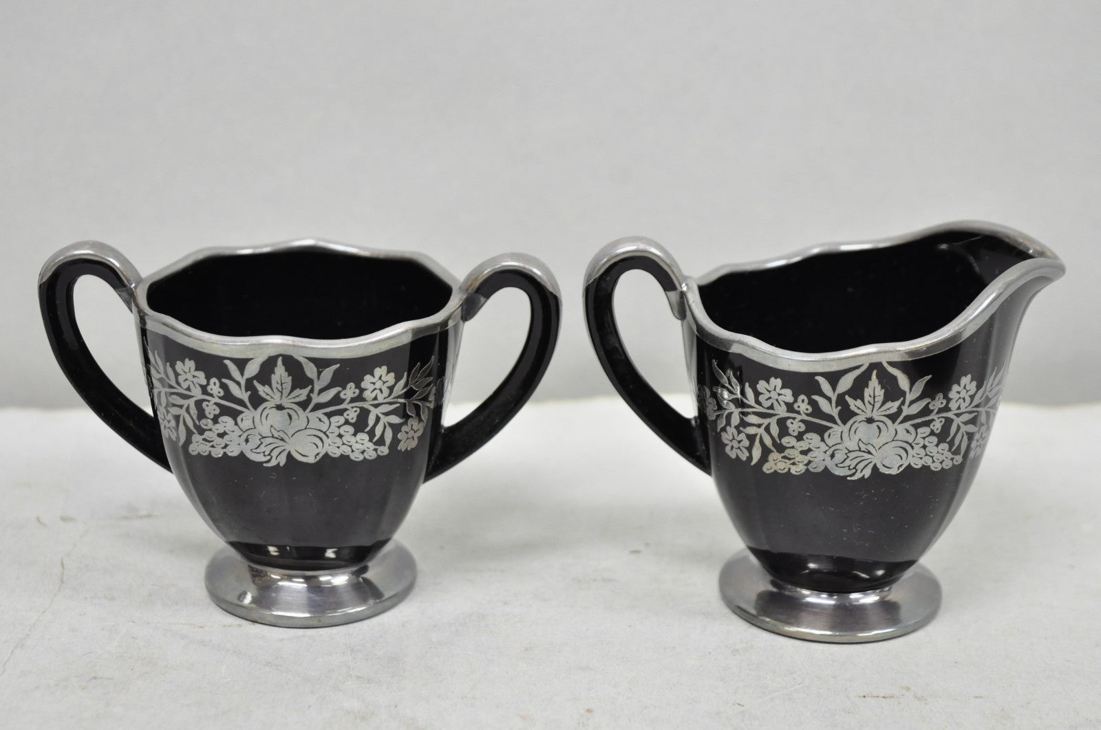 Vintage Rockwell Black Amethyst Glass Creamer Sugar Set Sterling Silver Overlay