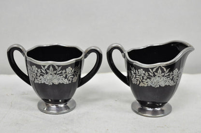 Vintage Rockwell Black Amethyst Glass Creamer Sugar Set Sterling Silver Overlay