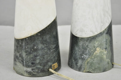 Vintage Italian Mid Century Modern 2 Tone Alabaster Green White Table Lamp Pair