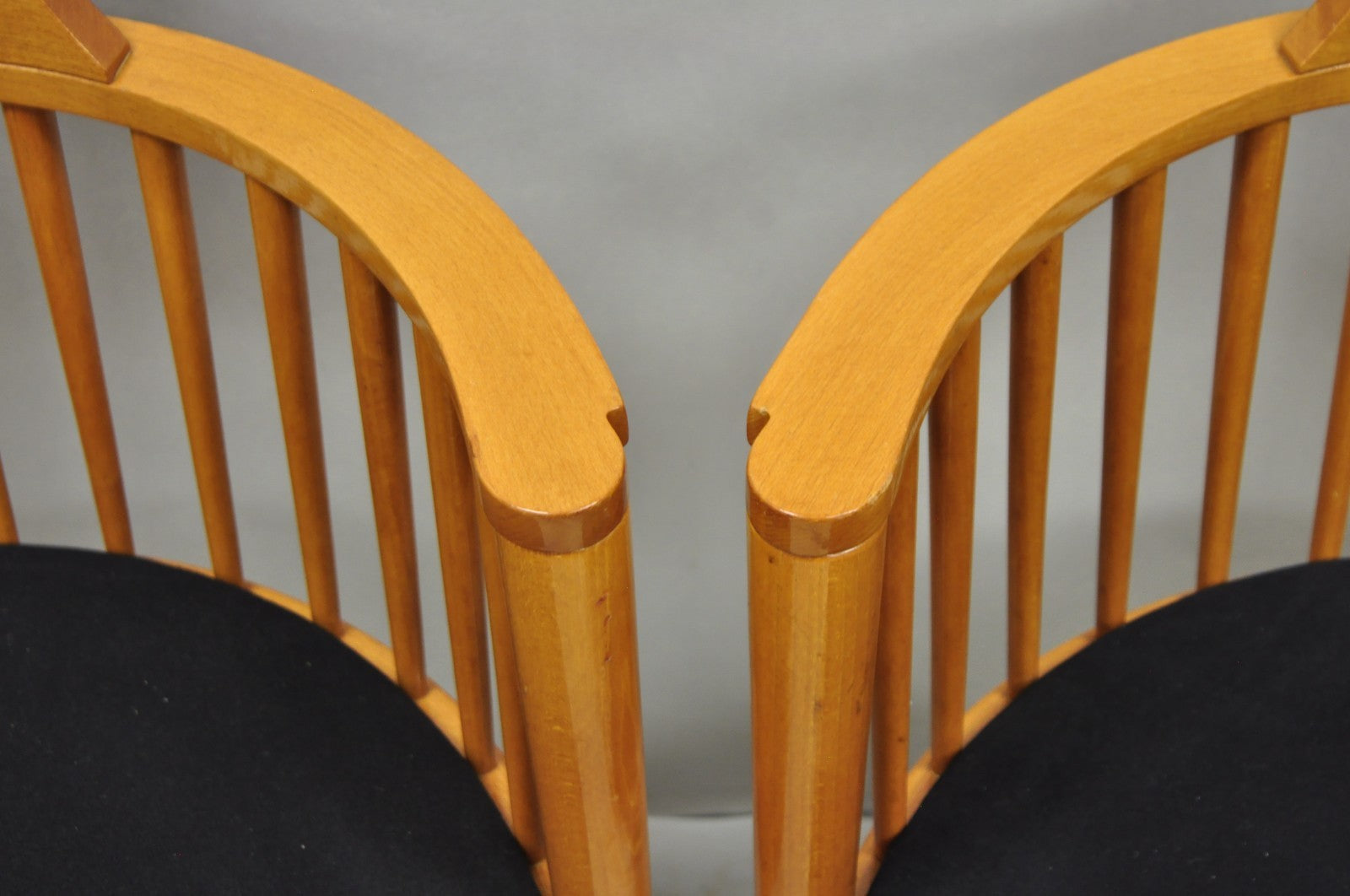 Vintage Postmodern Maple Wood Spindle Barrel Back Lounge Arm Chairs - a Pair
