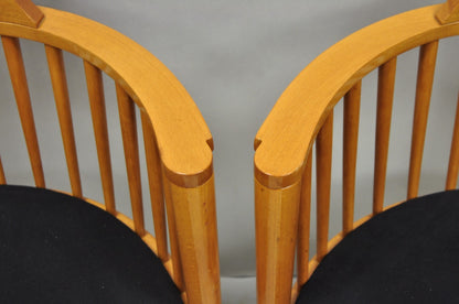 Vintage Postmodern Maple Wood Spindle Barrel Back Lounge Arm Chairs - a Pair