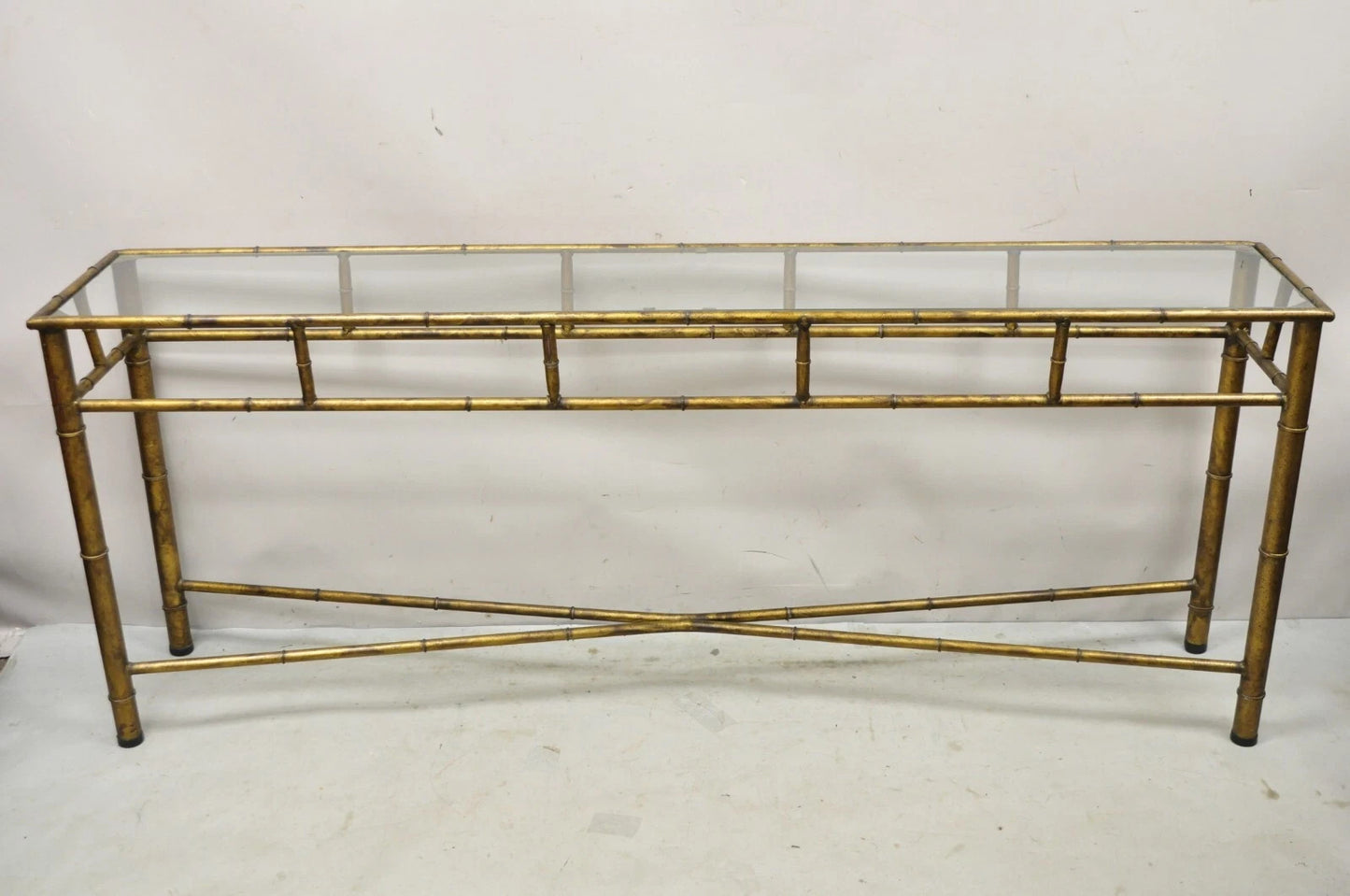 Vintage Italian Hollywood Regency Faux Bamboo Gold Gilt 72" Console Hall Table