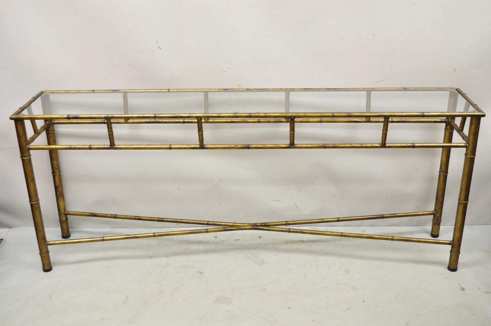 Vintage Italian Hollywood Regency Faux Bamboo Gold Gilt 72" Console Hall Table