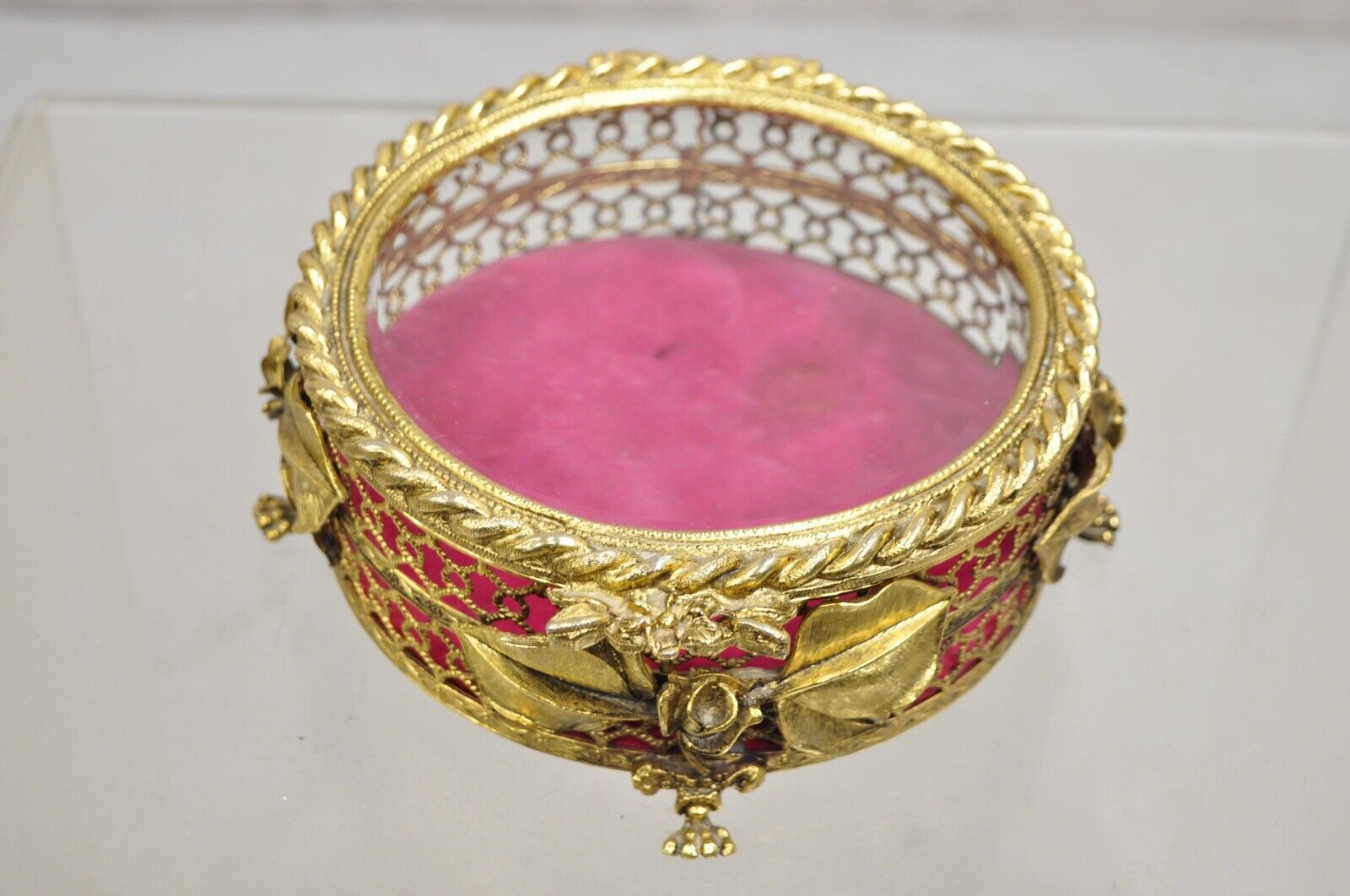 Vintage French Beveled Glass Gold Filigree Round Casket Jewelry Trinket Box