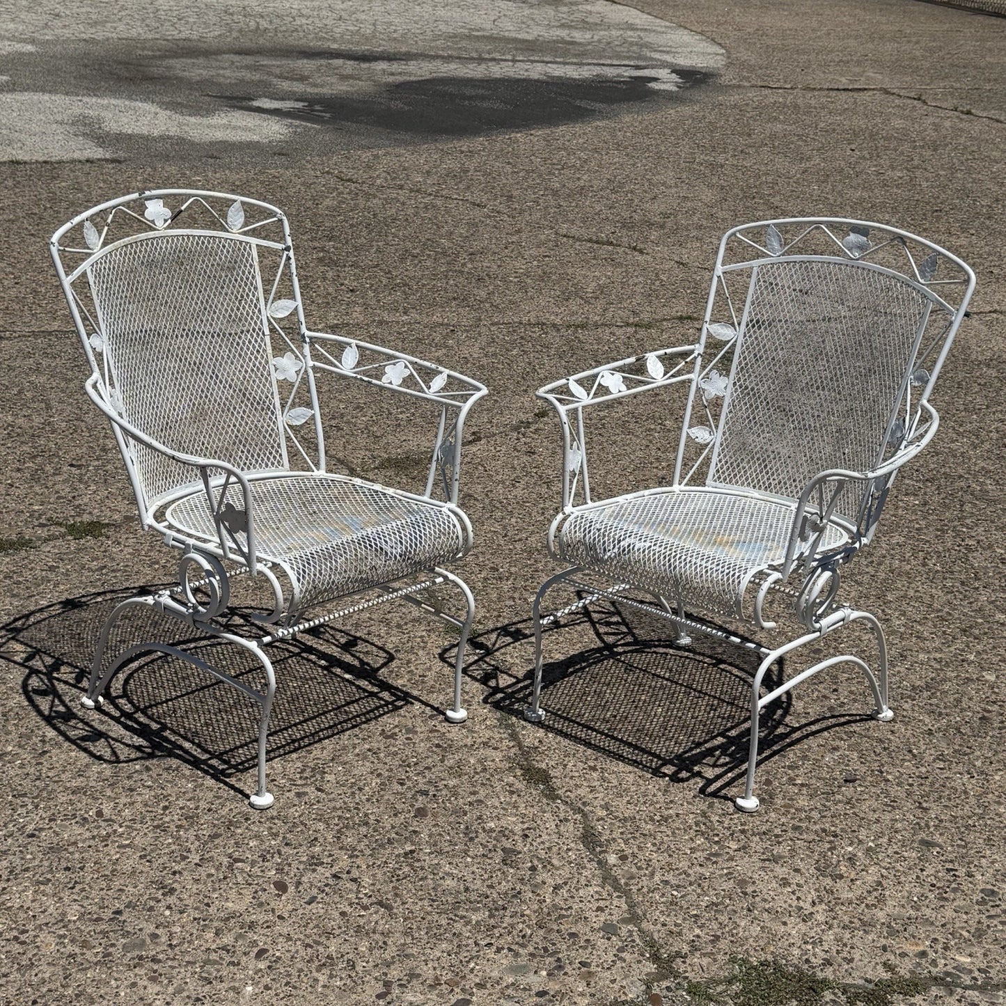 Vintage Woodard Era Floral Wrought Iron Springer Garden Patio Arm Chair - a Pair