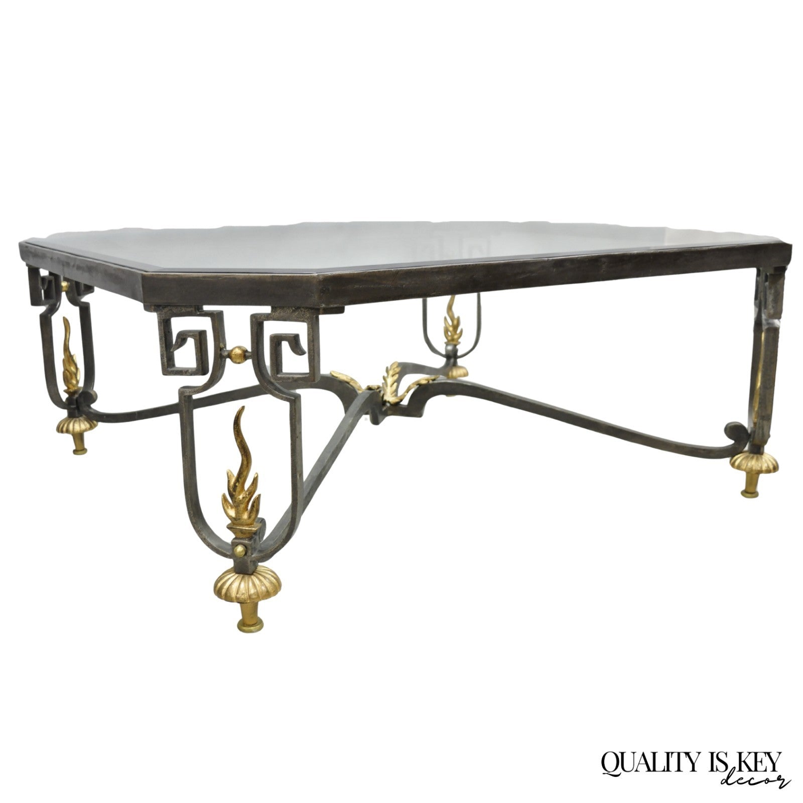 Vintage French Neoclassical Large Wrought Iron & Glass "Flame" Coffee Table