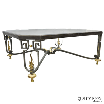 Vintage French Neoclassical Large Wrought Iron & Glass "Flame" Coffee Table