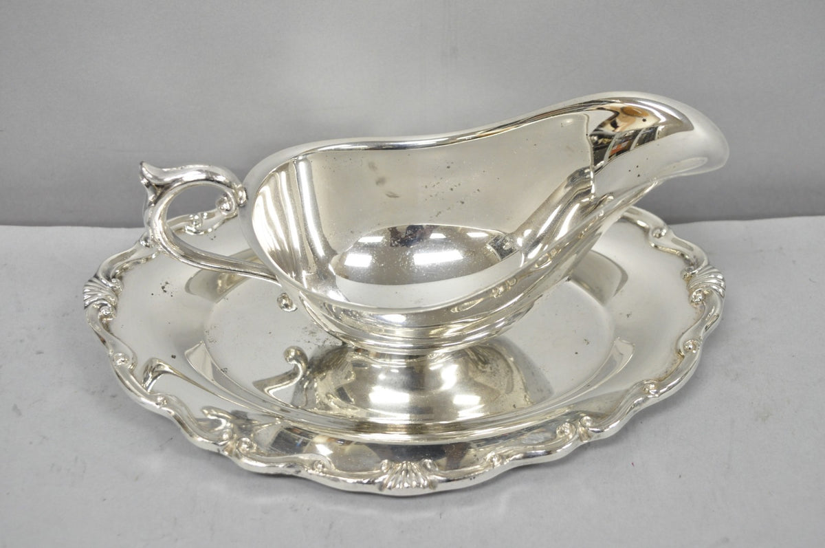 Vintage Victorian Style Silver Plated Gravy Sauce Boat w/ Attached Dish