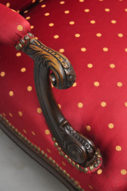 Antique English Georgian Style Carved Mahogany Red Library Lounge Arm Chair