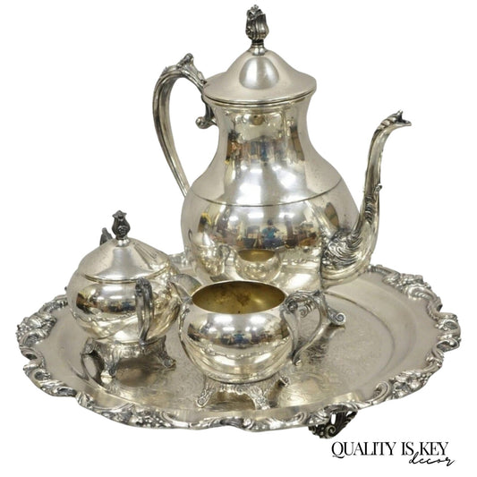 Vintage FB Rogers Silver Plated Tea Set w/ Amston Round Serving Tray - 4 Pc Set
