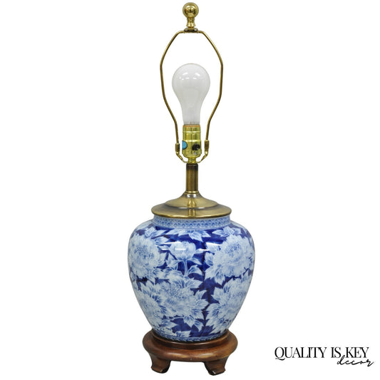 Vintage Chinoiserie Blue White Porcelain Flowers Oriental Ginger Jar Table Lamp