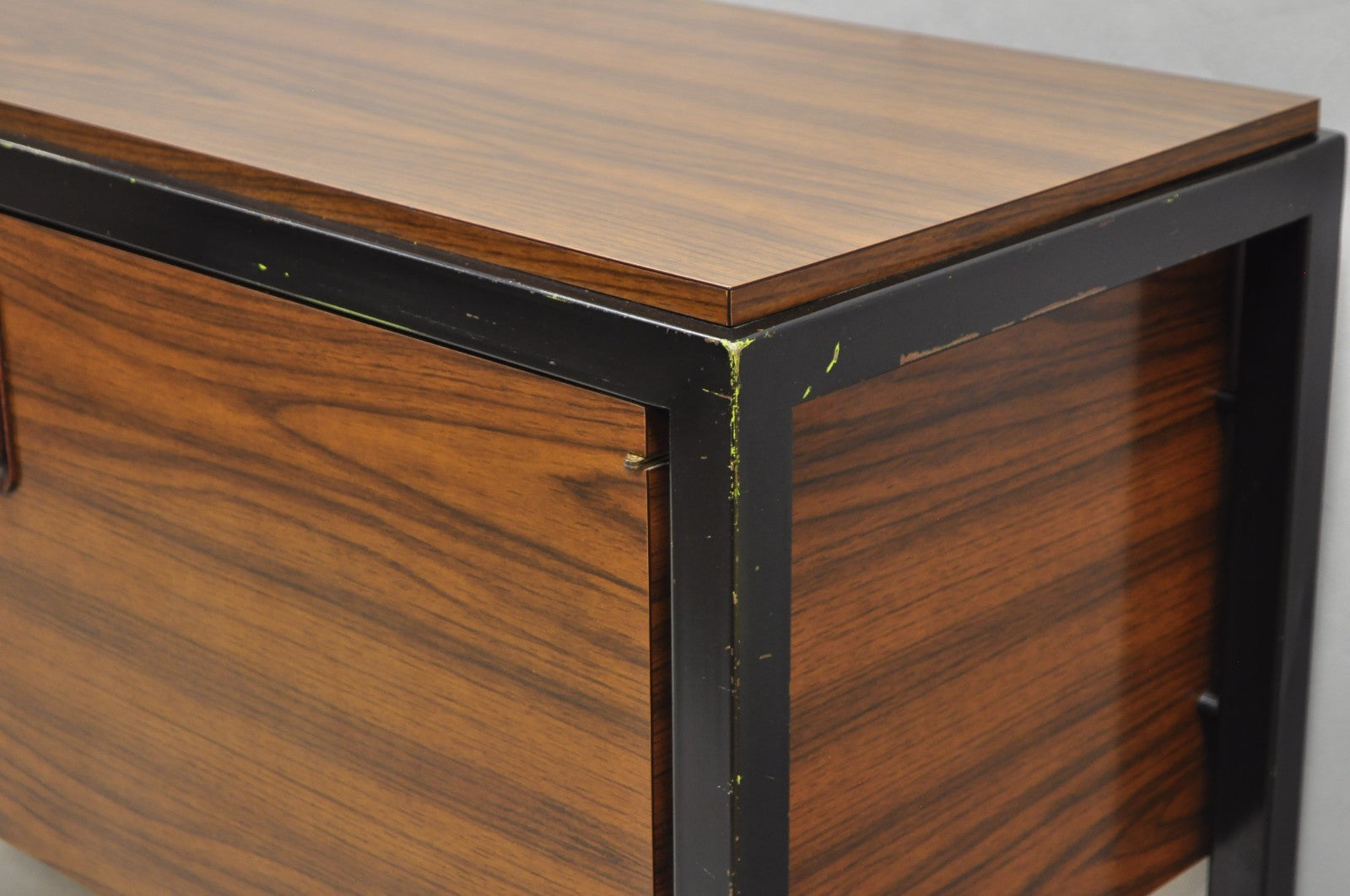 Vintage Mid Century Modern Faux Rosewood Laminate Steel Metal Credenza Cabinet