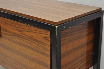 Vintage Mid Century Modern Faux Rosewood Laminate Steel Metal Credenza Cabinet