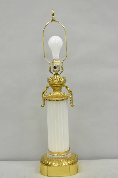 Vintage French Empire Style Ribbed Glass Column Gold Table Lamp Made in Poland