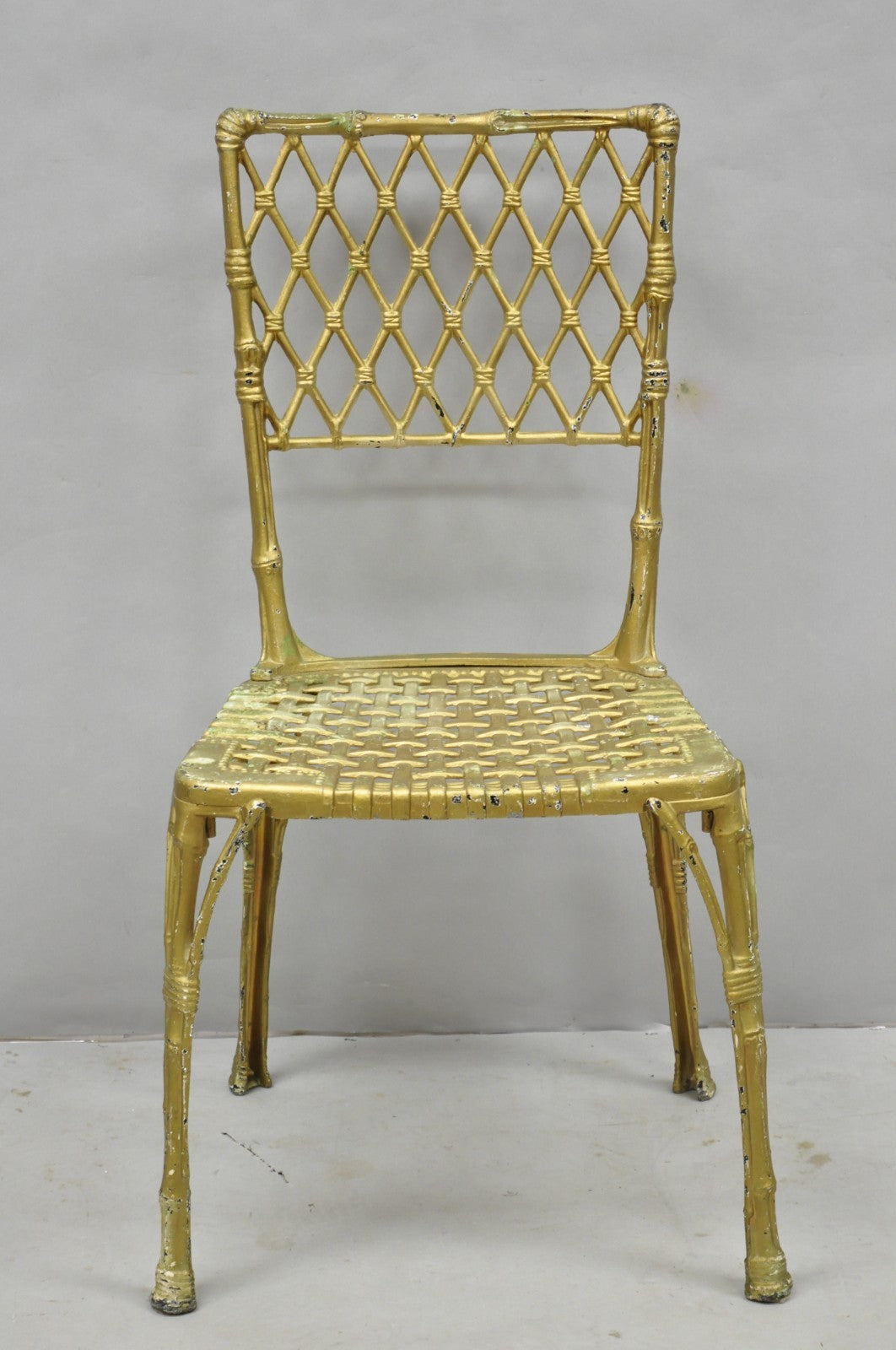 Vintage Hollywood Regency Faux Bamboo Basketweave Lattice Aluminum Side Chair