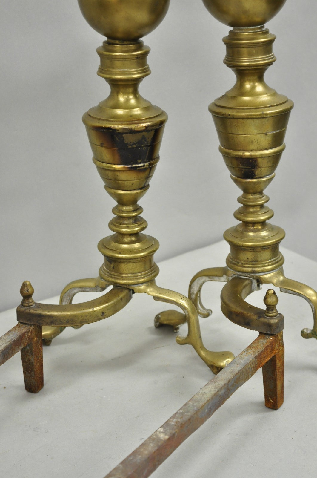 Antique English Victorian Brass Cannonball Ball and Claw Fireplace Andirons Pair