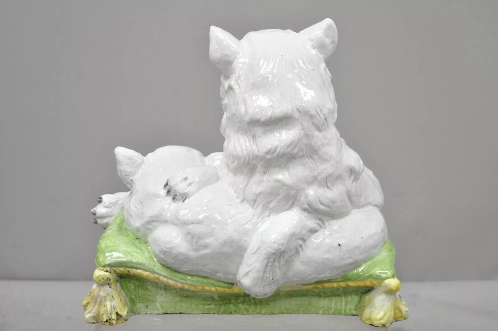 Vintage Italian Hollywood Regency Glazed Terracotta Statue Two Cats on Pillow