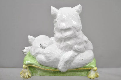 Vintage Italian Hollywood Regency Glazed Terracotta Statue Two Cats on Pillow