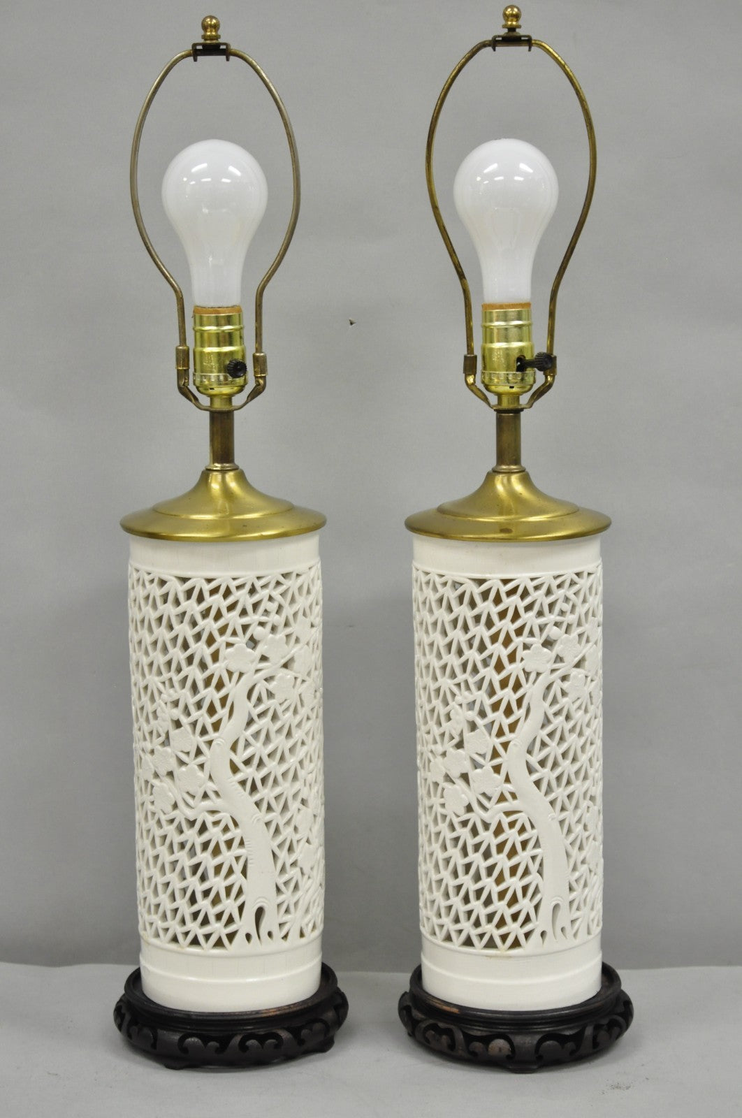 Chinoiserie White Blanc De Chine Porcelain Cherry Blossom Table Lamp - a Pair