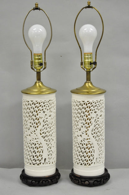 Chinoiserie White Blanc De Chine Porcelain Cherry Blossom Table Lamp - a Pair