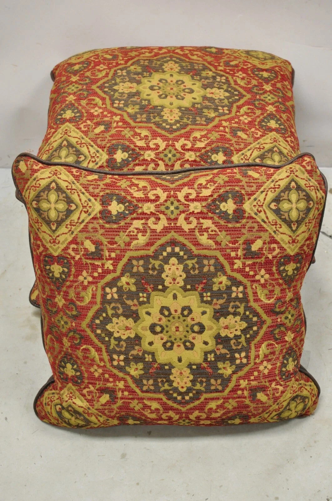 (4) Contemporary Mediterranean Red and Brown Tapestry Faux Leather Throw Pillows