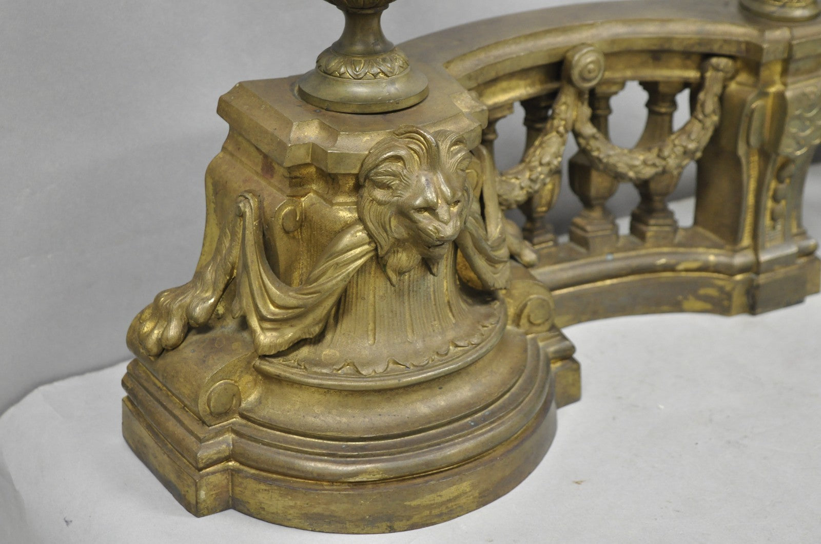 Antique French Empire Patinated Bronze Lion Flame Urn Chenet Andirons - a Pair