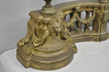 Antique French Empire Patinated Bronze Lion Flame Urn Chenet Andirons - a Pair
