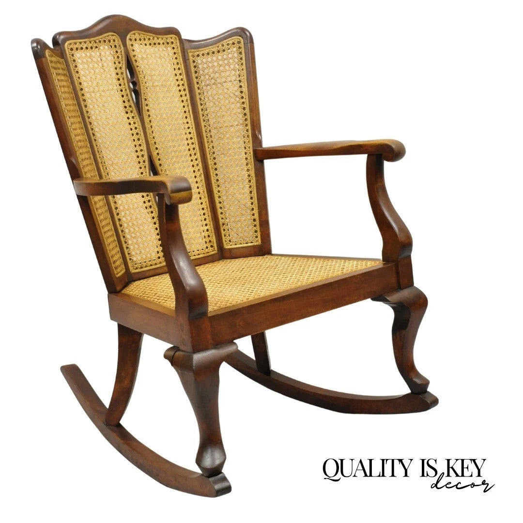 Antique Victorian Walnut and Cane Carved Rocker Rocking Chair w/ Queen Anne Legs