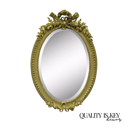 Antique French Louis XVI Style Gold Gilt Torch Flame Gesso Oval Wall Mirror