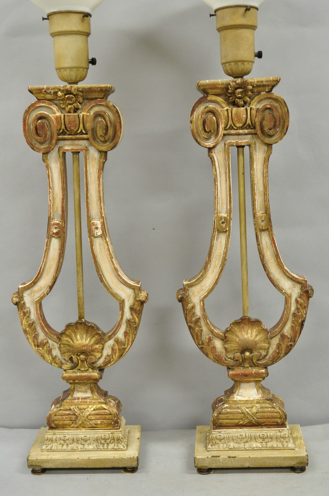 Italian Neoclassical Cream & Gold Gilt Carved Wood Harp Column Table Lamp - Pair
