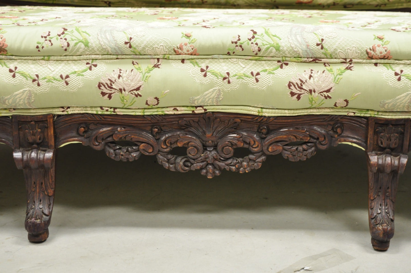 Antique Italian Renaissance Carved Walnut French Victorian Rams Head Green Sofa