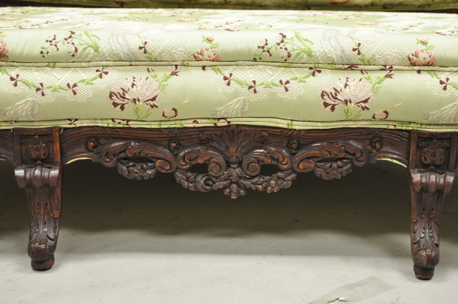 Antique Italian Renaissance Carved Walnut French Victorian Rams Head Green Sofa