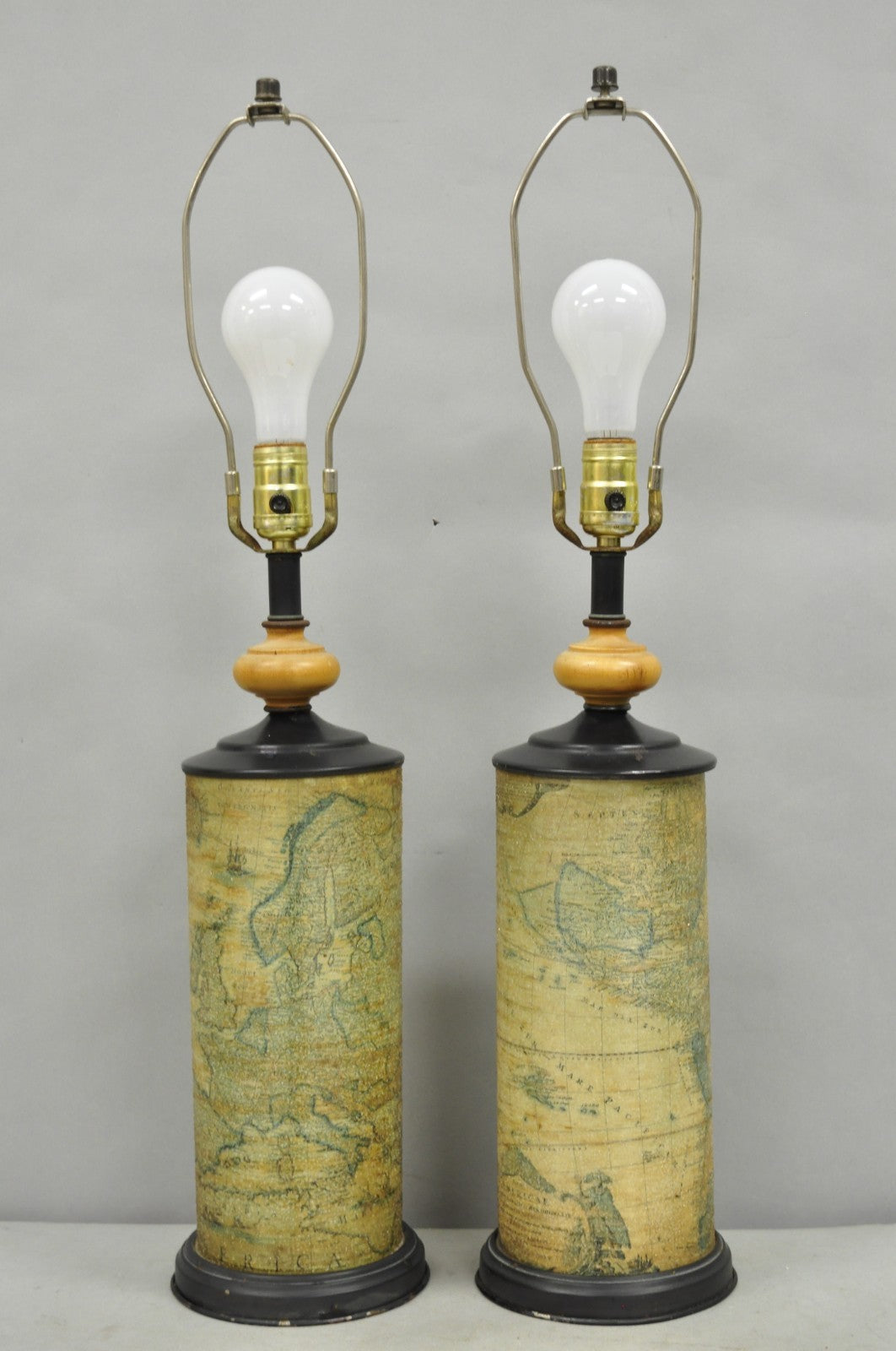 Vintage Regency Style European Old World Map Wrapped Cylinder Table Lamps - Pair