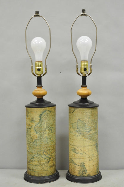 Vintage Regency Style European Old World Map Wrapped Cylinder Table Lamps - Pair