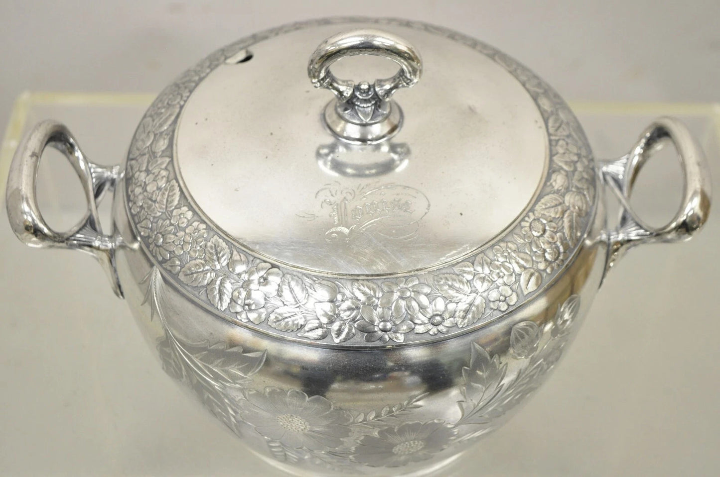 Antique Art Nouveau Silver Plated Lidded Soup Tureen Engraved "Louise"