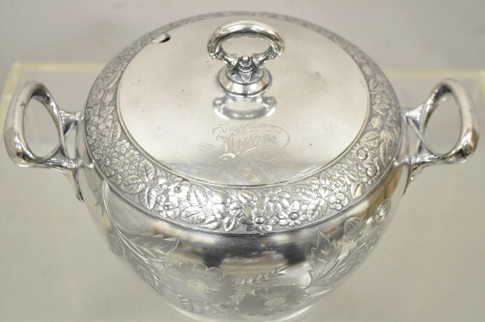 Antique Art Nouveau Silver Plated Lidded Soup Tureen Engraved "Louise"