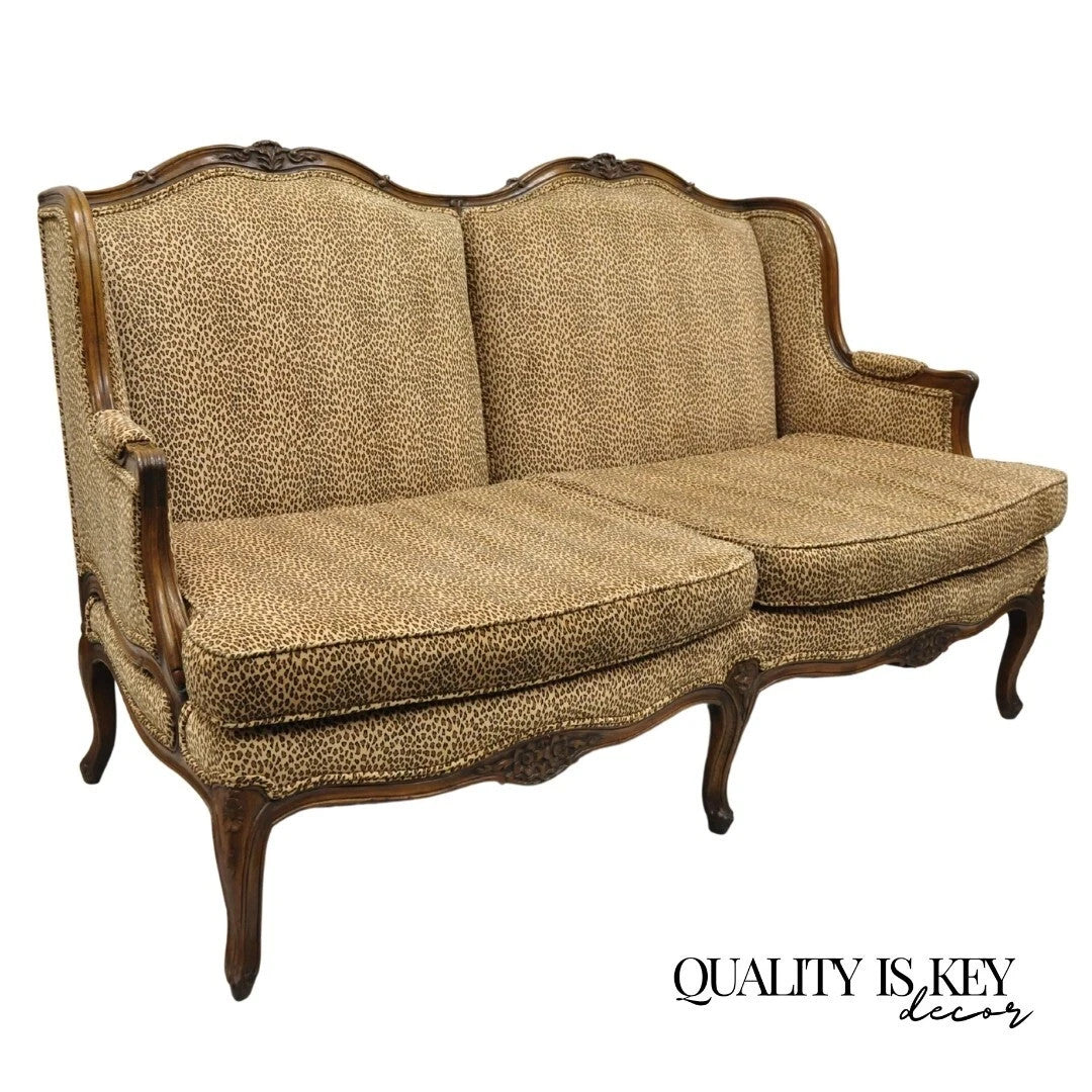Vintage French Country Louis XV Carved Walnut Cheetah Print Wingback Sofa Settee