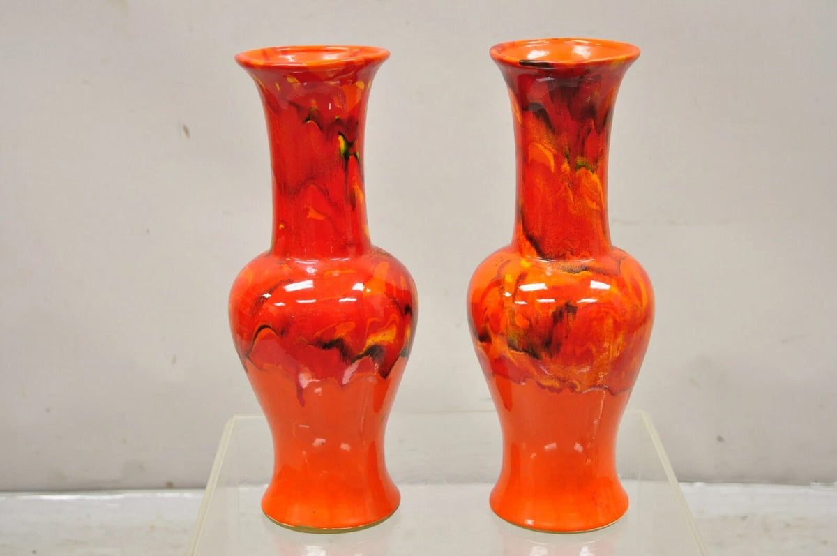Vintage Red Lava Drip Glazed Mid Century Modern Ceramic Pottery Vessel Vase Pair