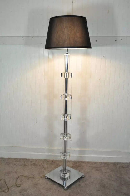 Mid Century Modern Stacked Lucite and Chrome Skyscraper Floor Lamps - a Pair