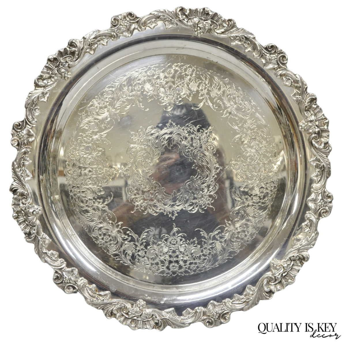 Vintage Wilcox Victorian Silver Plated Round Ornate Footed Salver Serving Tray