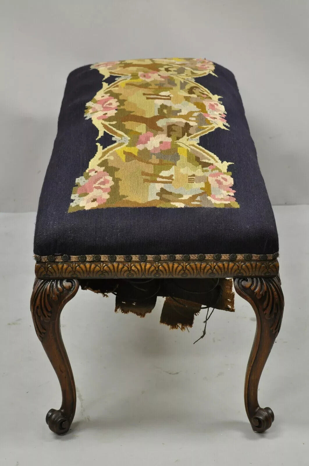 Antique French Victorian Needlepoint Carved Mahogany Cabriole Leg Bench